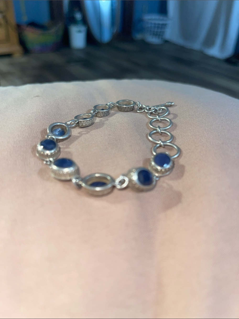 Silver Bracelet with Blue Stone Bezel Accents